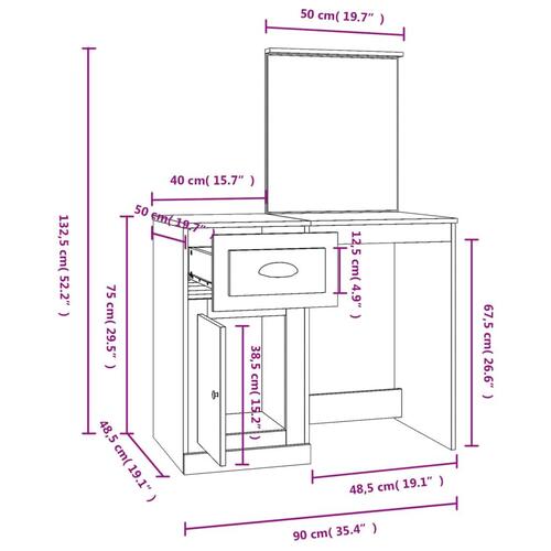 Makeupbord med spejl 90x50x132,5 cm konstrueret træ sonoma-eg