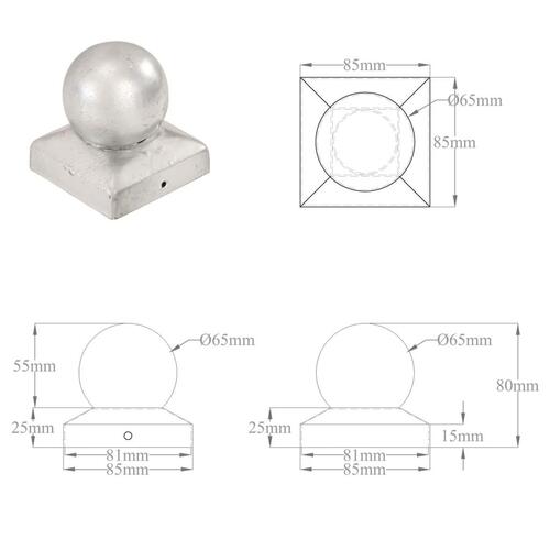 Kugleformede stolpehætter 6 stk. 81x81 mm galvaniseret metal