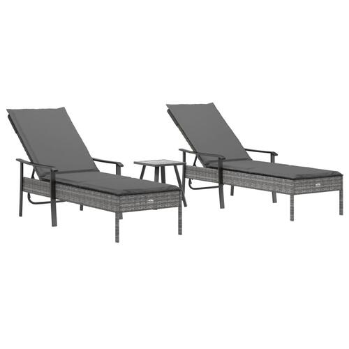 Liggestole 2 stk. med hynder og bord polyrattan grå