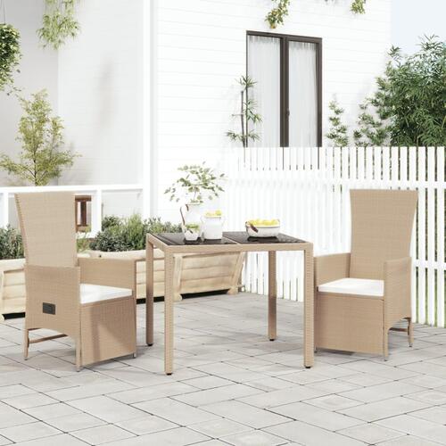 Spisebordssæt til haven 3 dele med hynder polyrattan beige