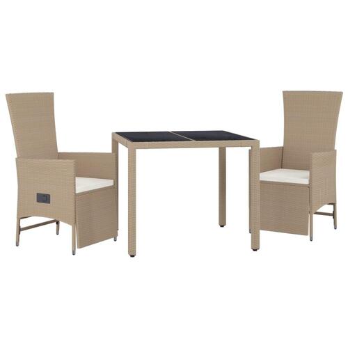 Spisebordssæt til haven 3 dele med hynder polyrattan beige