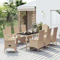 Spisebordssæt til haven 9 dele med hynder polyrattan beige
