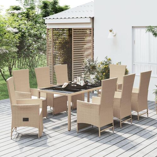 Spisebordssæt til haven 9 dele med hynder polyrattan beige