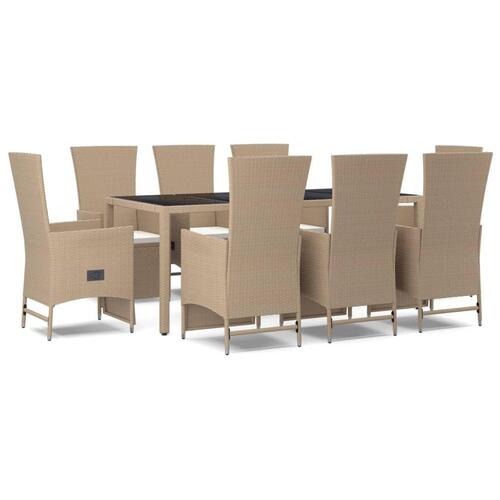 Spisebordssæt til haven 9 dele med hynder polyrattan beige