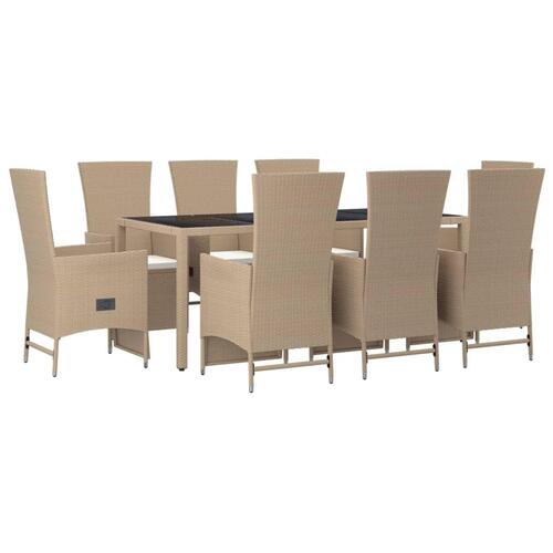 Spisebordssæt til haven 9 dele med hynder polyrattan beige