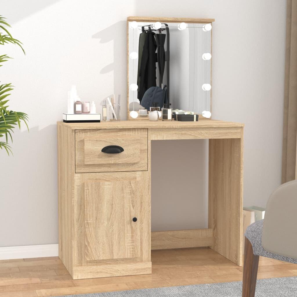 Makeupbord med LED-lys 90x50x132,5 cm konstrueret træ sonoma-eg
