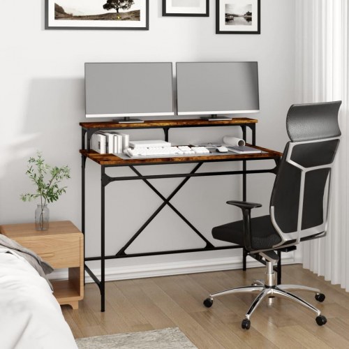 Skrivebord 100 × 50 × 90 cm i konstrueret træ og jern - røget eg, med skærmhylde
