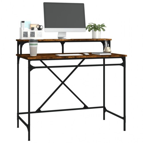 Skrivebord 100 × 50 × 90 cm i konstrueret træ og jern - røget eg, med skærmhylde