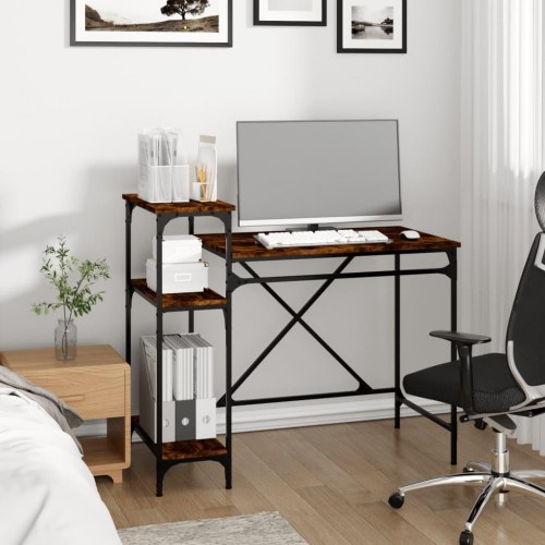 Skrivebord med hylder 105×50×90 cm - røget eg, konstrueret træ og jern