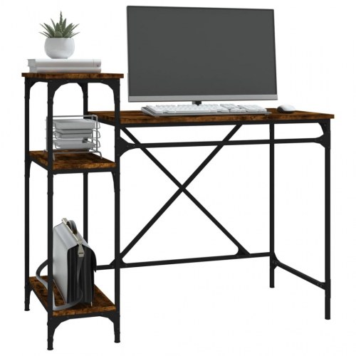 Skrivebord med hylder 105×50×90 cm - røget eg, konstrueret træ og jern