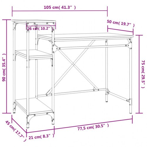 Skrivebord med hylder 105×50×90 cm - røget eg, konstrueret træ og jern