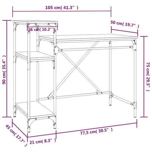 Skrivebord m. hylder 105x50x90 cm konstrueret træ jern brunt eg