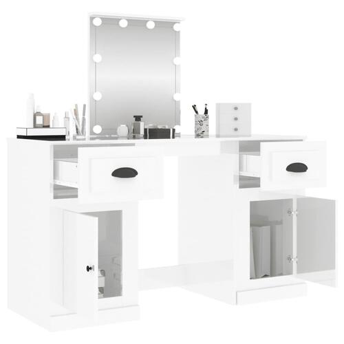 Makeupbord med LED-lys 130x50x132,5 cm hvid højglans
