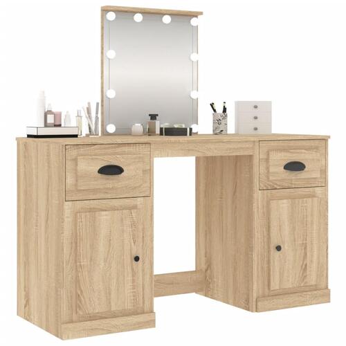 Makeupbord med LED-lys 130x50x132,5 cm brun sonoma-eg