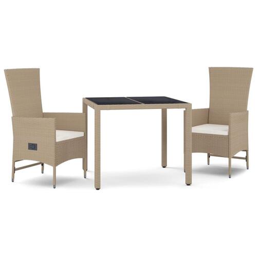 Spisebordssæt til haven 3 dele med hynder polyrattan beige
