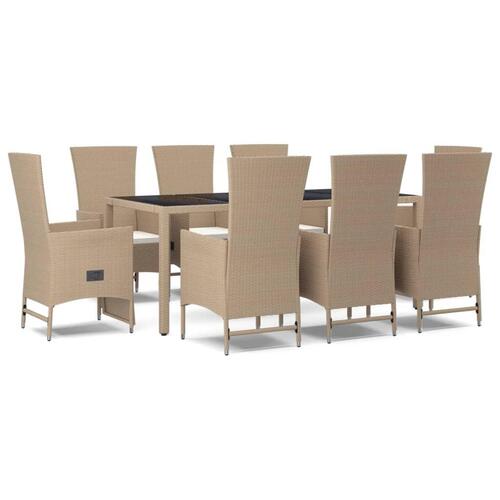 Spisebordssæt til haven 9 dele med hynder polyrattan beige