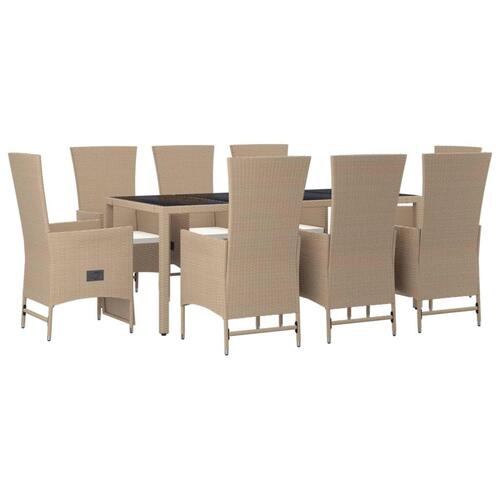 Spisebordssæt til haven 9 dele med hynder polyrattan beige
