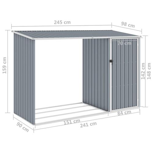 Brændeskur 245x98x159 cm galvaniseret stål grå