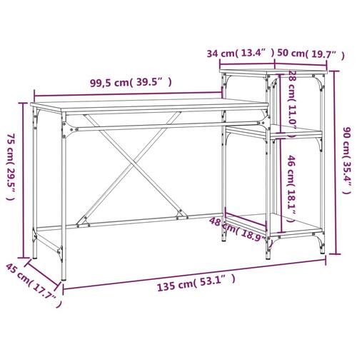 Skrivebord m. hylder 135x50x90cm konstrueret træ jern sonoma-eg