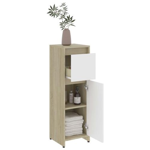 Badeværelsesskab 30x30x95 cm konstrueret træ hvid og sonoma eg