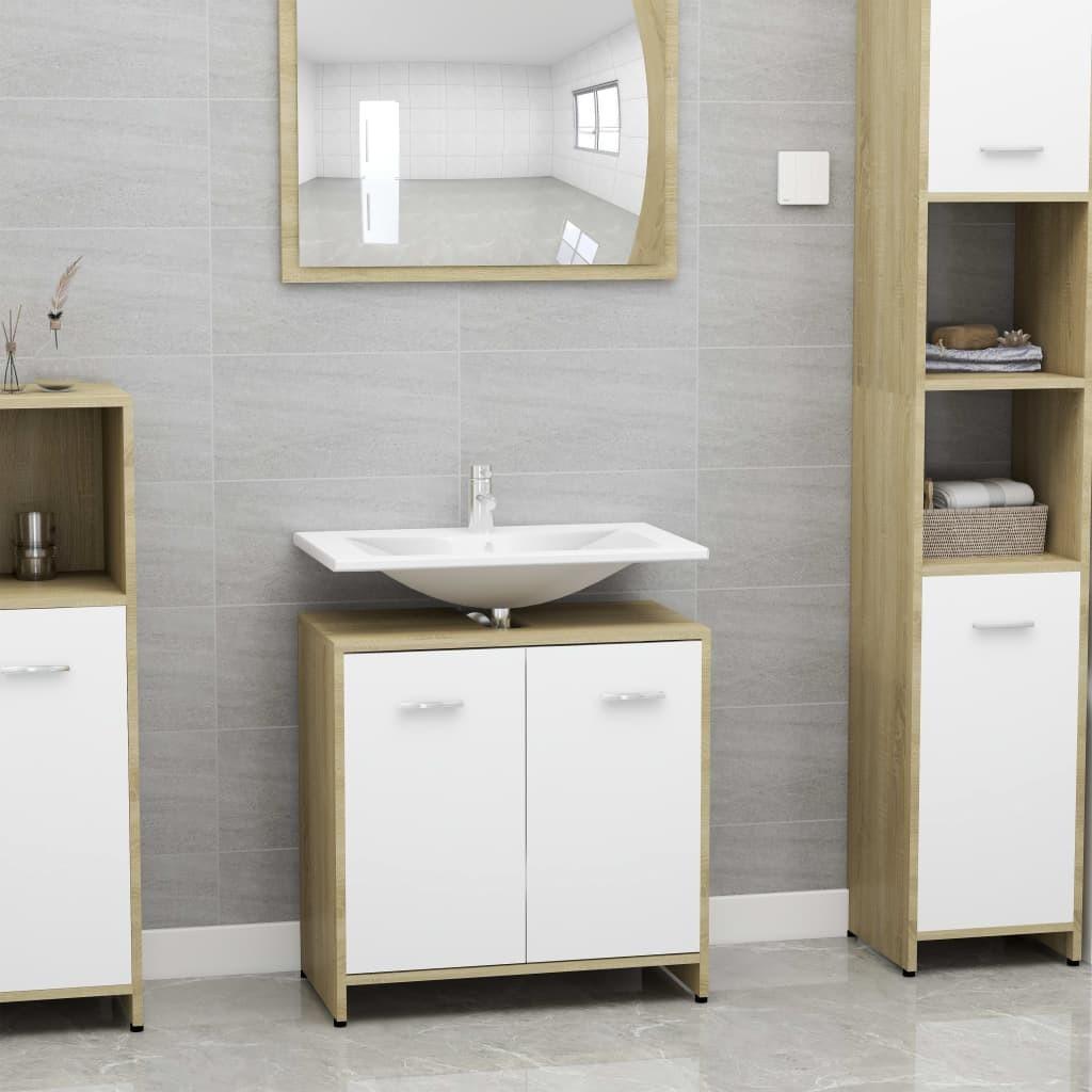Badeværelsesskab 60x33x61 cm konstrueret træ hvid sonoma-eg