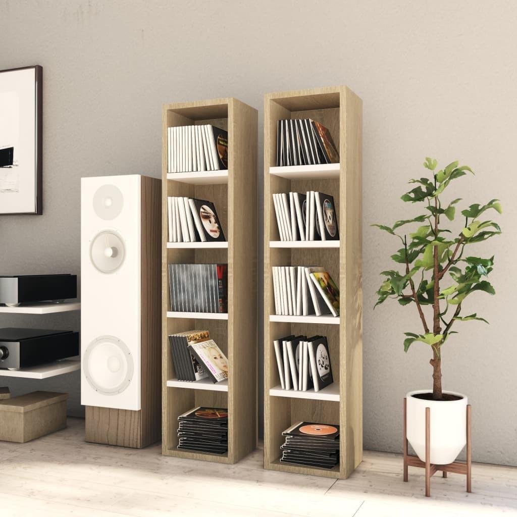 CD-reoler 2 stk. 21x16x93,5 cm spånplade hvid og sonoma-eg