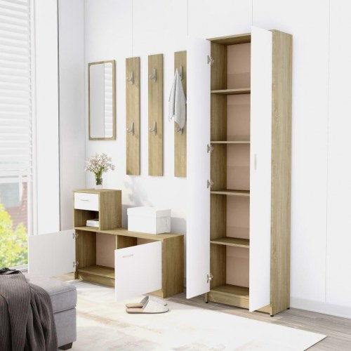 Entrémøbel 100x25x76,5 cm konstrueret træ hvid og sonoma-eg