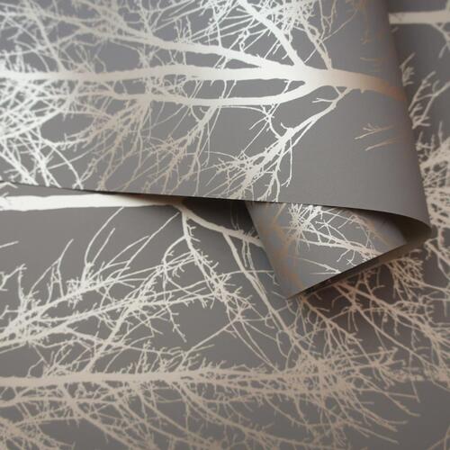 DUTCH WALLCOVERINGS tapet Rhea Trees grå og rosaguld