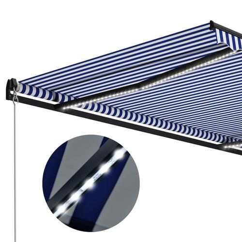 Markise m. LED-lys 350x250 cm manuel betjening blå og hvid