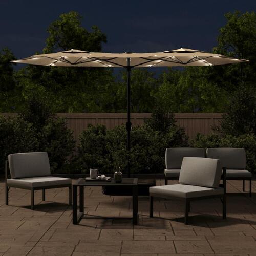 Parasol med dobbelt parasoldug og LED-lys 316x240 cm gråbrun