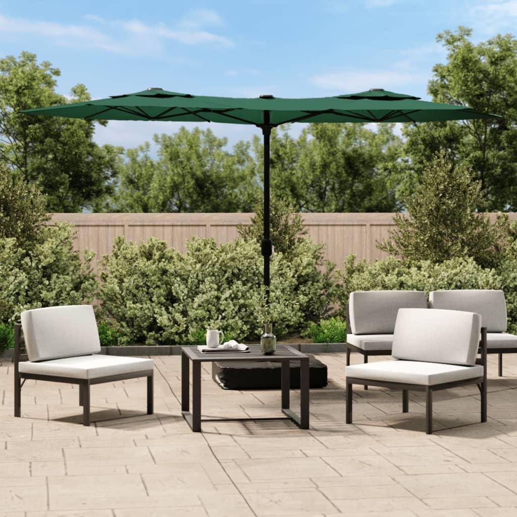 Parasol med dobbelt parasoldug og LED-lys 316x240 cm grøn