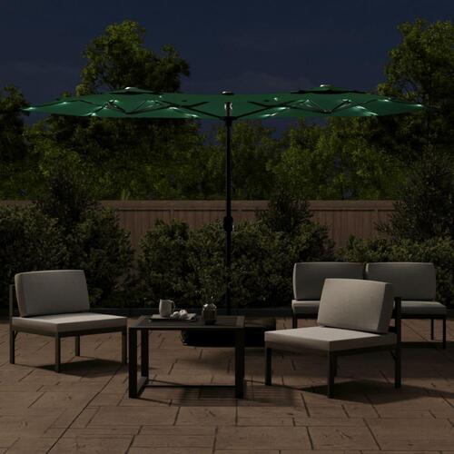Parasol med dobbelt parasoldug og LED-lys 316x240 cm grøn