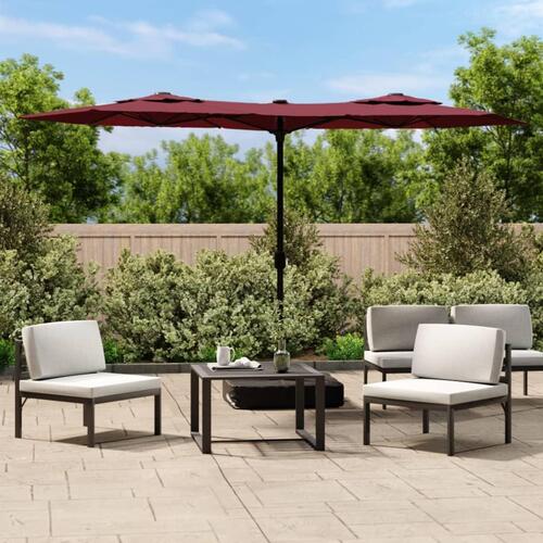 Parasol m. dobbelt parasoldug og LED-lys 316x240 cm bordeauxrød