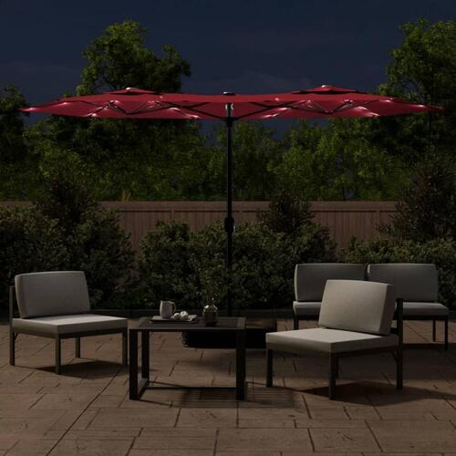 Parasol m. dobbelt parasoldug og LED-lys 316x240 cm bordeauxrød