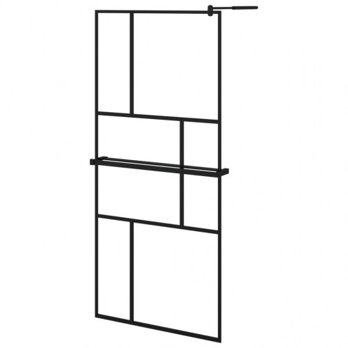 Brusevæg med hylde 90x195 cm sikkerhedsglas og aluminium sort