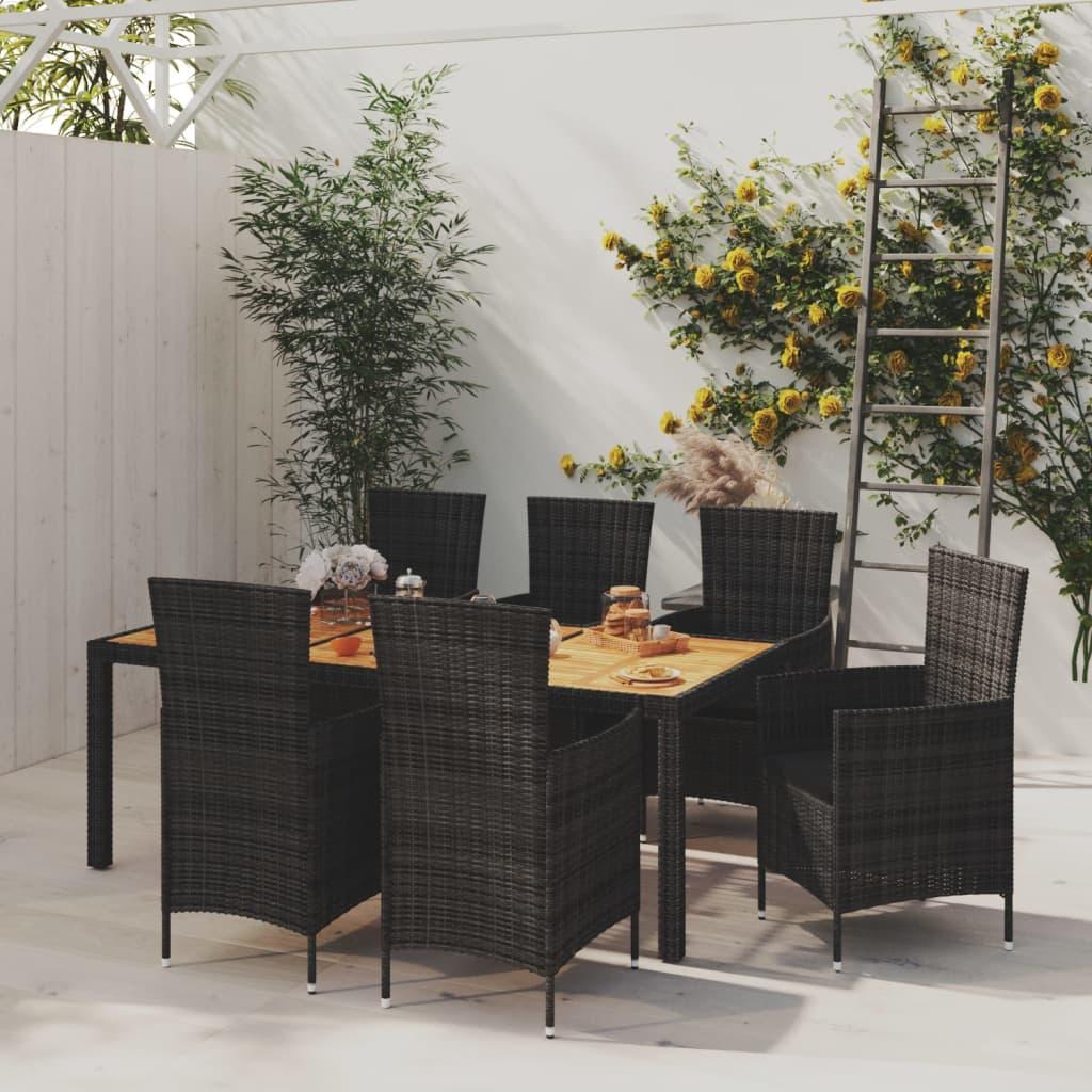 Udendørs spisebordssæt 7 dele med hynder polyrattan sort