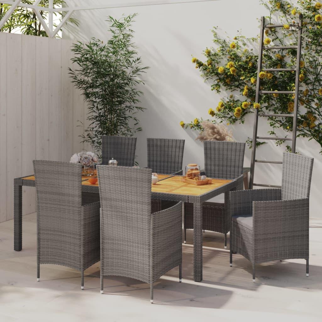 Udendørs spisebordssæt 7 dele med hynder polyrattan grå