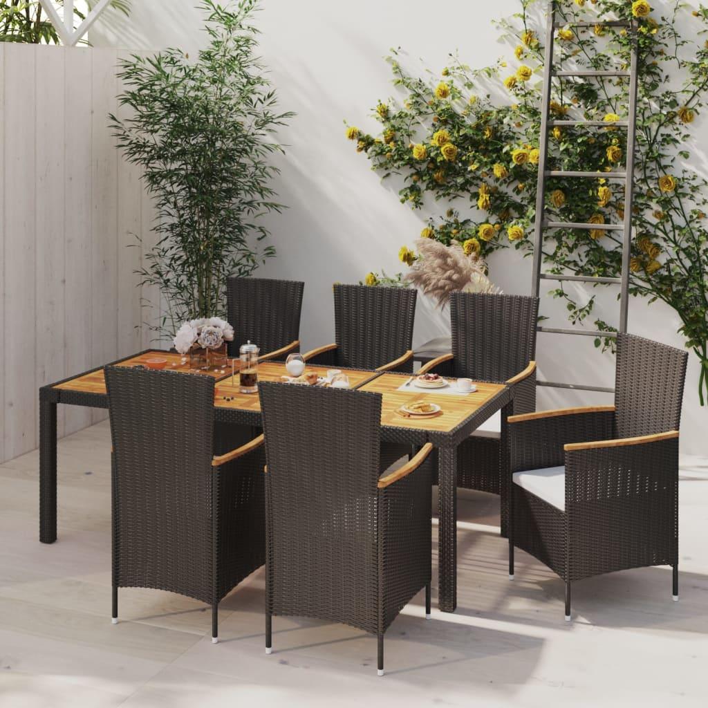 Udendørs spisebordssæt 7 dele med hynder polyrattan sort