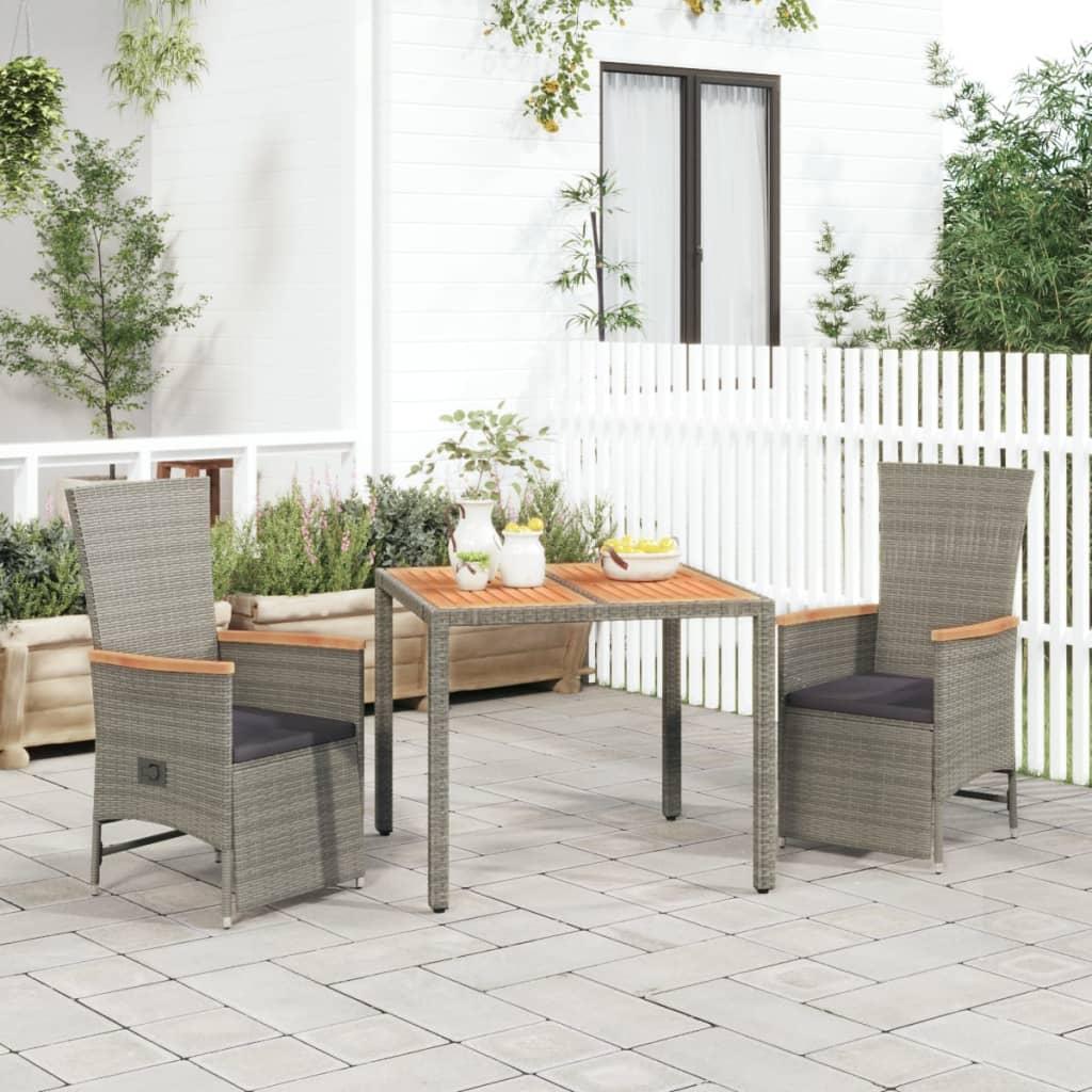 Spisebordssæt til haven 3 dele med hynder polyrattan grå
