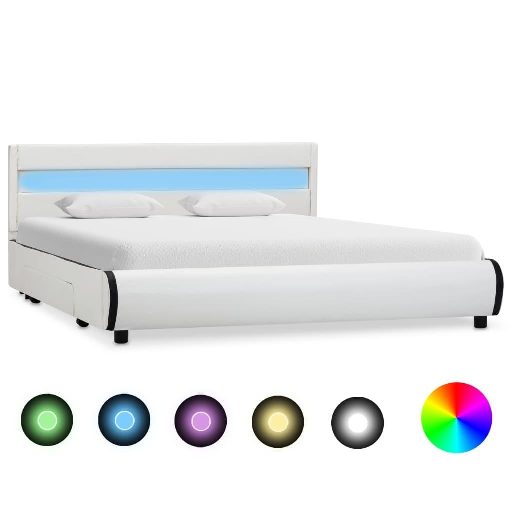 Sengestel med LED 160 x 200 cm kunstlæder hvid