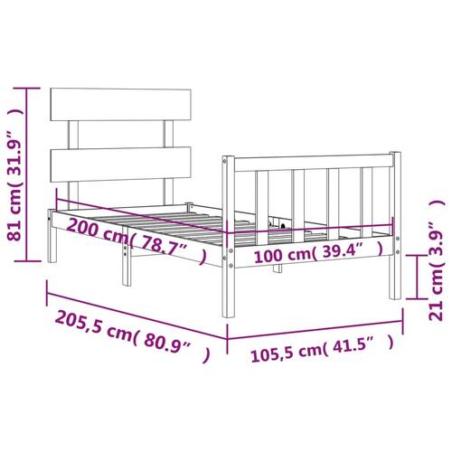 Sengeramme med sengegavl 100x200 cm massivt træ sort