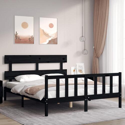 Sengeramme med sengegavl kingsize massivt træ sort