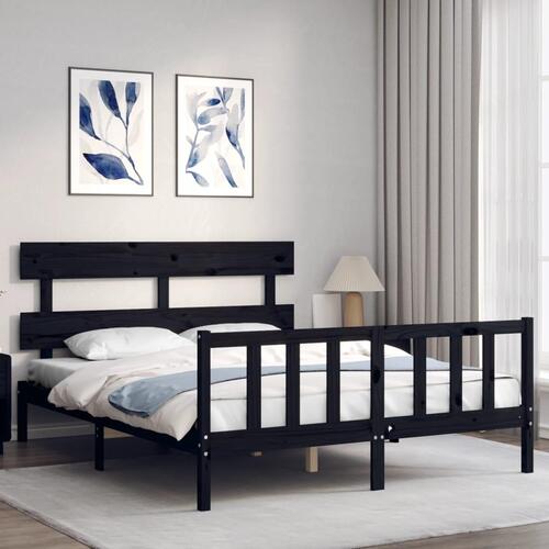 Sengeramme med sengegavl kingsize massivt træ sort