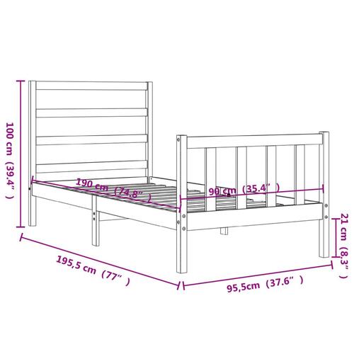 Sengeramme med sengegavl 90x190 cm massivt træ hvid