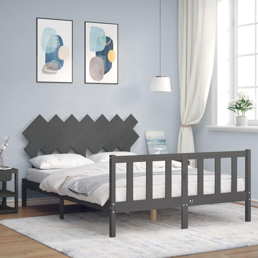 Sengeramme med sengegavl kingsize massivt træ grå
