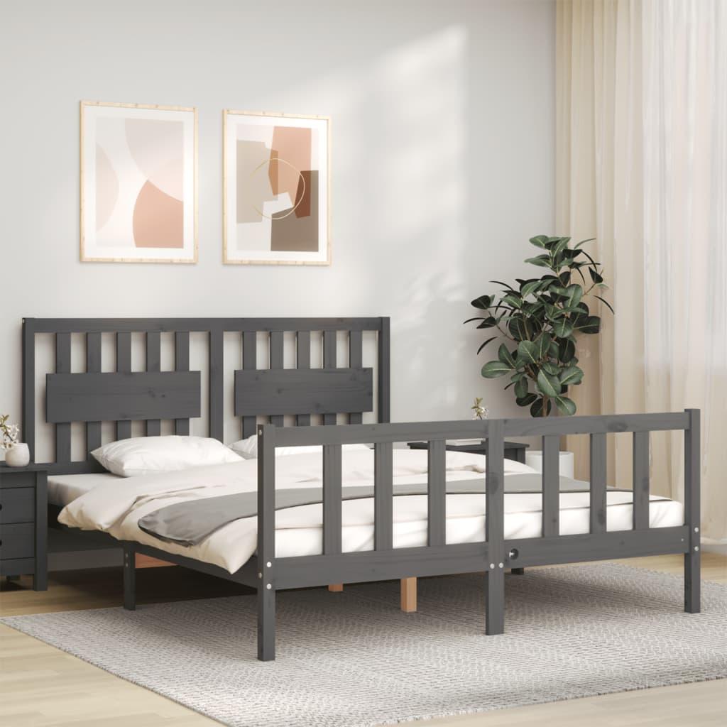Sengeramme med sengegavl kingsize massivt træ grå