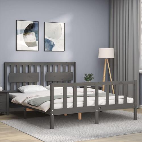 Sengeramme med sengegavl kingsize massivt træ grå