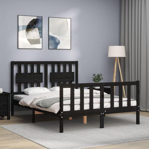 Sengeramme med sengegavl 140x190 cm massivt træ sort