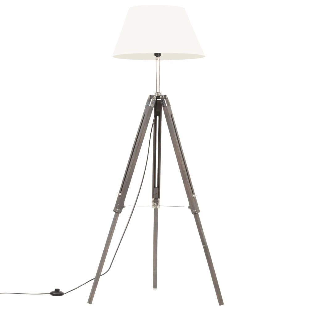 Gulvlampe med trefod 141 cm massivt teaktræ grå og hvid