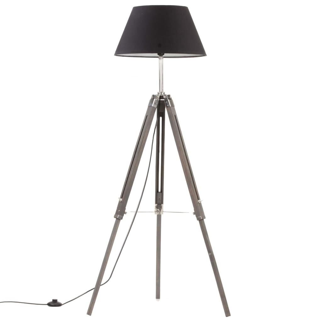 Gulvlampe med trefod 141 cm massivt teaktræ grå og sort